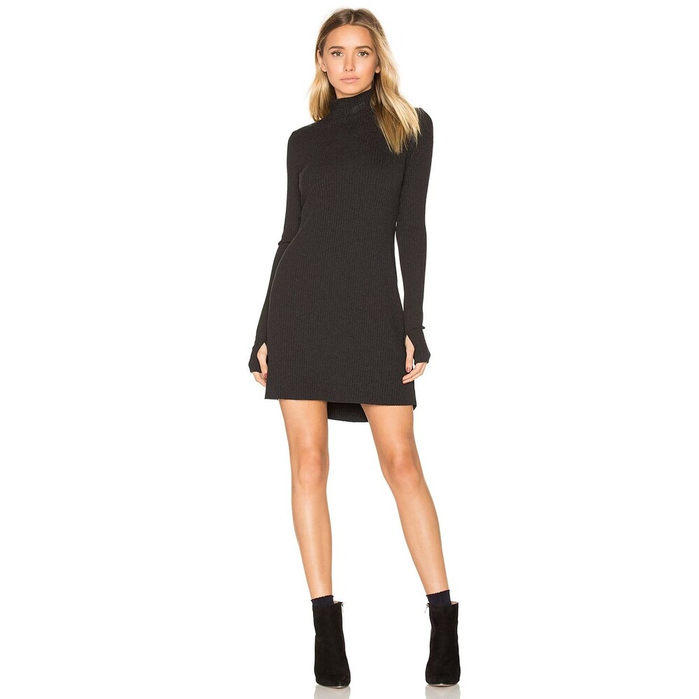 Michael Lauren Revolve Small Ribbed Knit Turtleneck Dress Black Raw Hem New